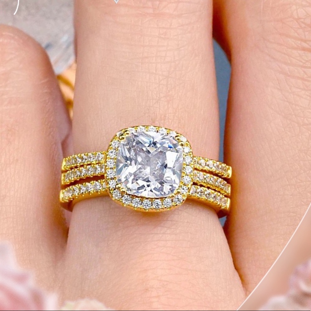 💝Yellow gold engagement ring wedding band set promise vacation bridal ring gift